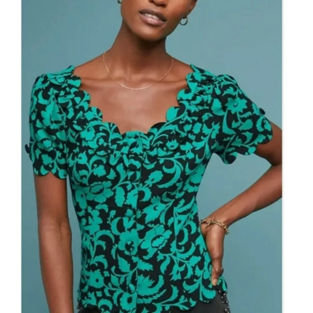 Maeve by Anthropologie Green Black Floral Scalloped Edge Top Assey Blouse Size 6 - Picture 2 of 12